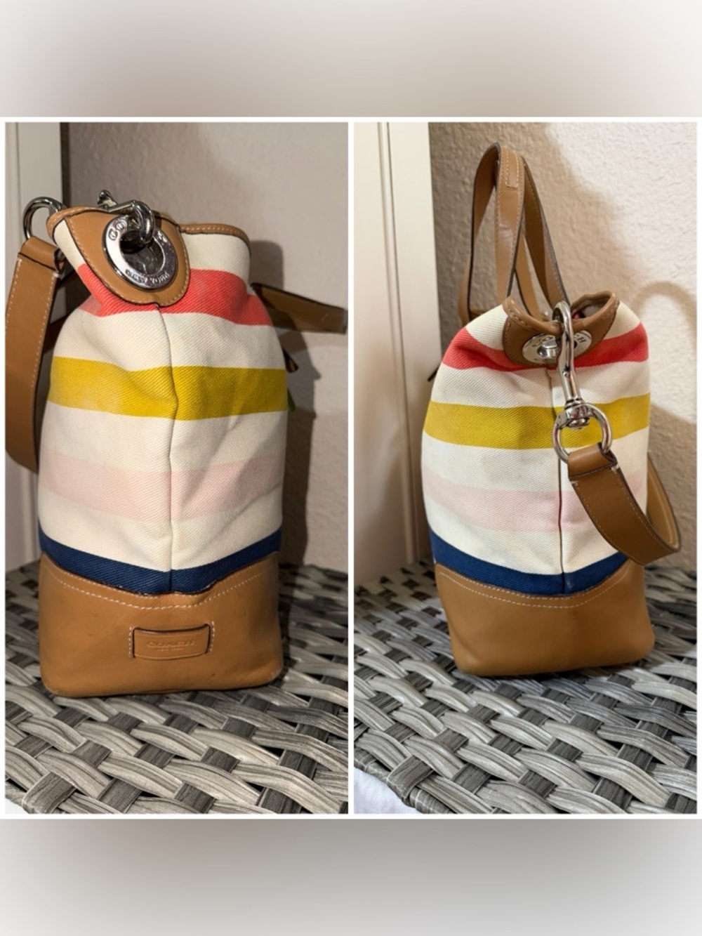 Coach Striped Canvas Tote in Coral, Mustard, Navy & Pink with Tan Leather F30041 - Picture 4 of 16